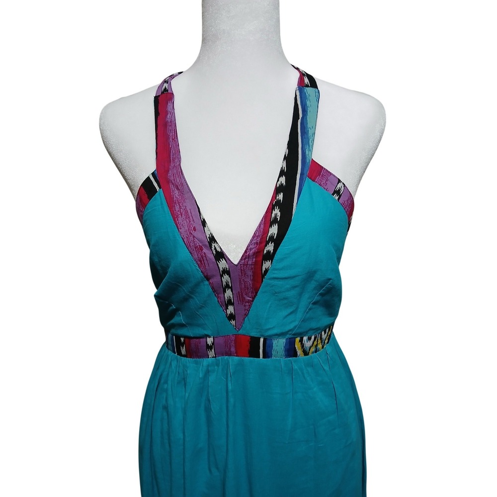 Apollo Womens Turquoise Tribal Ikat Print Halter V-Neck Open Back Maxi Dress M - Picture 2 of 14
